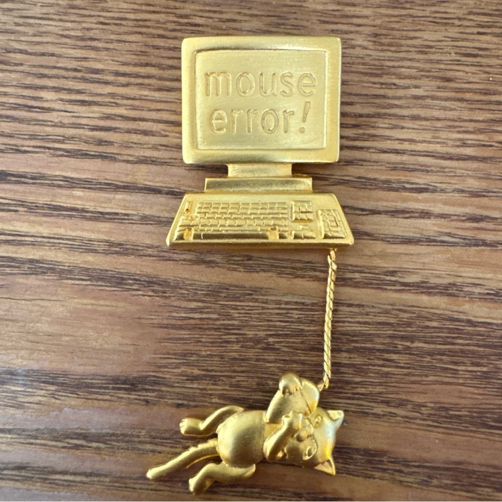 JJ Vintage Cat Mouse Pin Brooch Error Computer Desktop Dangle Signed 1980s BinAH